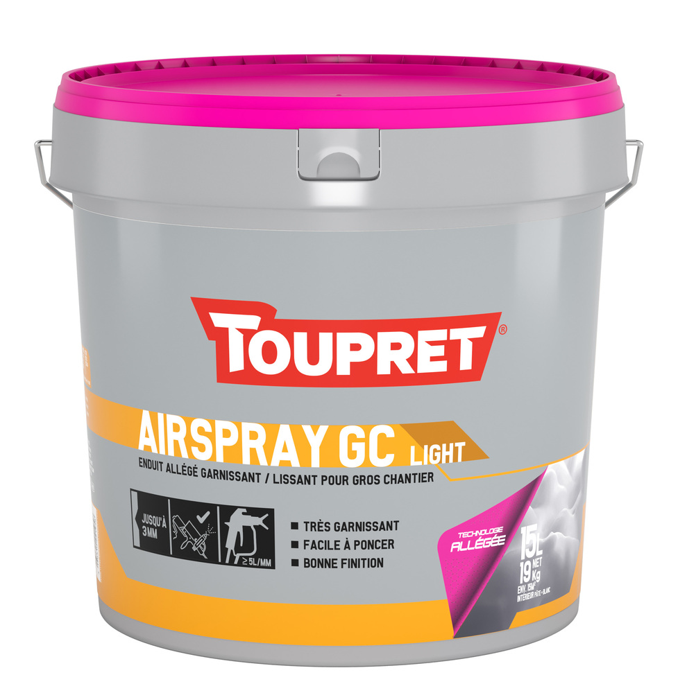 Enduit Airspray GC Light allégé garnissant lissant de 15 kg pour murs intérieurs, application à projeter