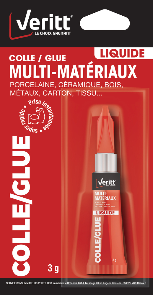 Colle cyanoacrylate liquide Multi-Matériaux en tube de 3 g