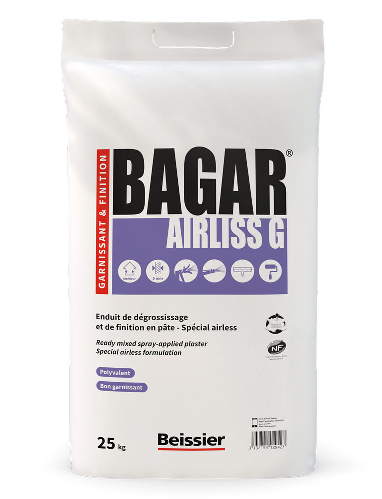 Enduit à projeter Bagar Airliss G en sac de 25 kg pour murs intérieurs, idéal pour une finition lisse.