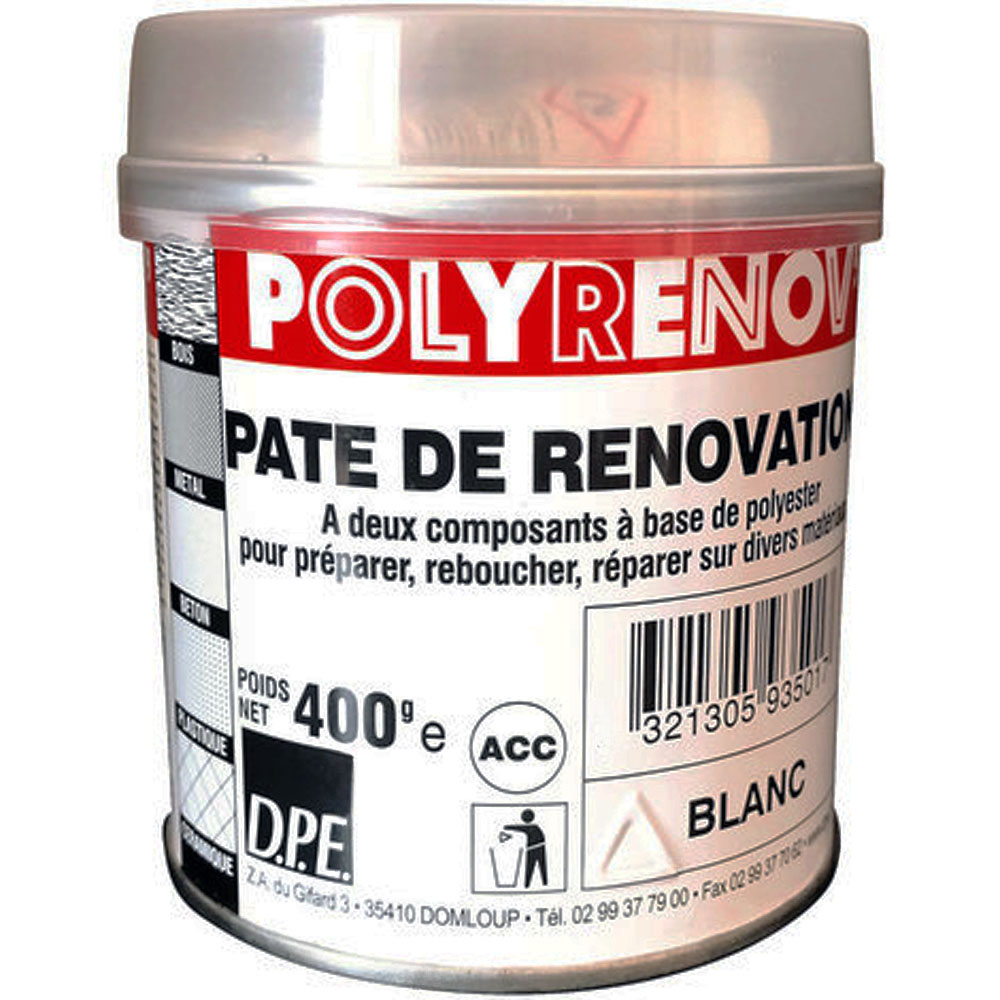 Mastic de rénovation Polyrenov' blanc 400g pour reboucher et réparer les surfaces du bâtiment.