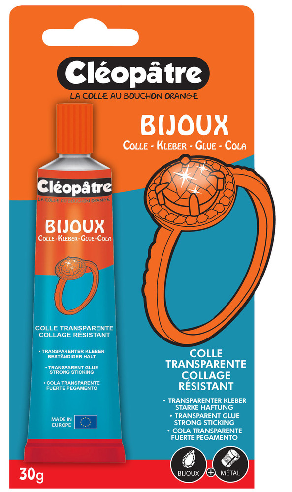 Colle spéciale bijoux Cléo'Tech en tube de 30g pour loisirs créatifs, séchage rapide et finition transparente.