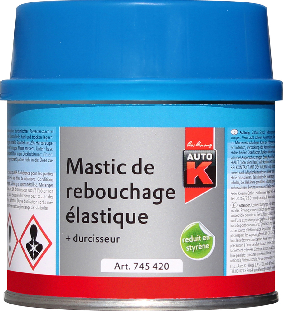 Mastic de rebouchage élastique et reboucheur gris pour réparation fer, en tube.