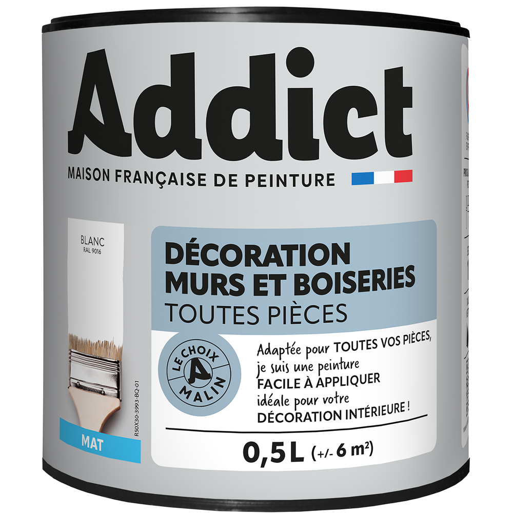 Pot de peinture acrylique mate 0.5L pour la décoration intérieure des murs et boiseries, séchage rapide