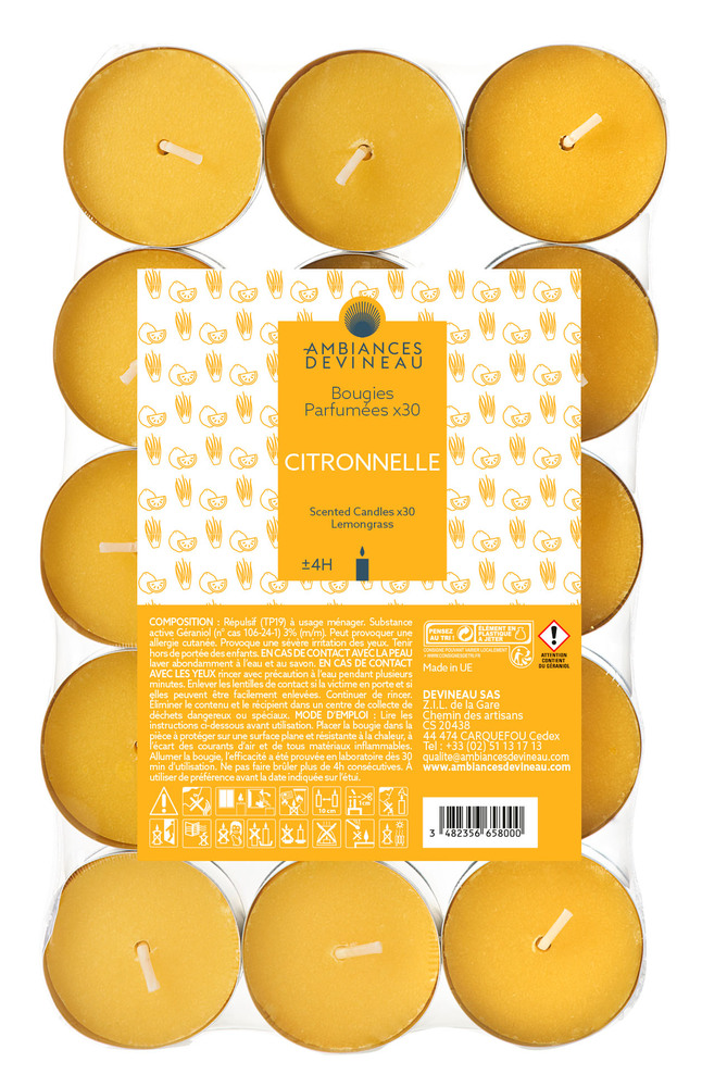 Bougies Chauffe-Plat Citronnelle X30, lot de 30 pour éloigner les moustiques en extérieur.