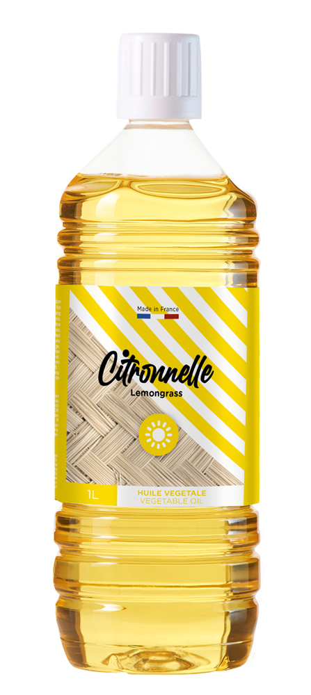 Huile Végétale Citronnelle 1L pour torches et lampes de jardin, effet anti-moustiques.