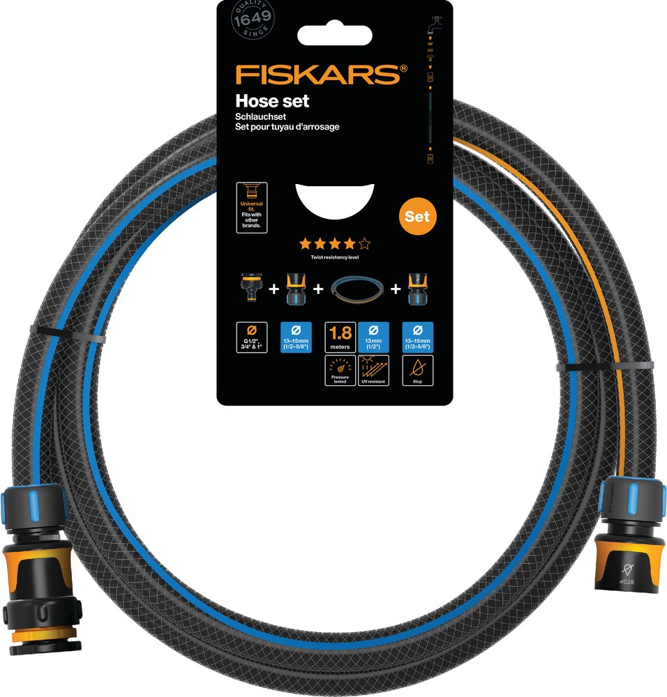 Set tuyau d'arrosage flexible de jardin 1.8 mètres, diamètre 13mm, avec raccords universels.