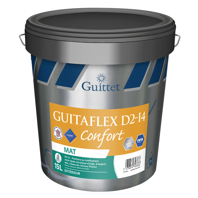 Pot de peinture Guitaflex D2-I4 Confort Mat 15L pour façade, film mince D2 hydrofuge et finition mate.