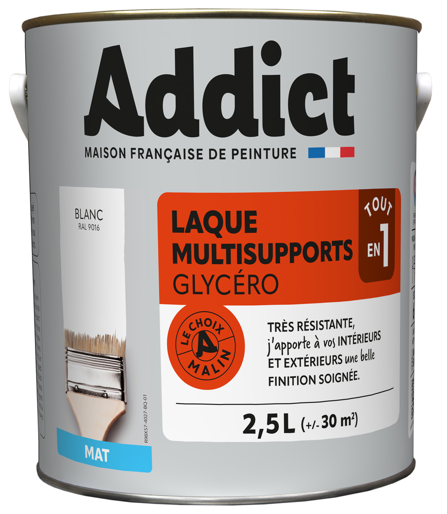 Pot de peinture Laque Multisupports Glycéro Blanc Mat 2.5L, idéale pour intérieur et extérieur.