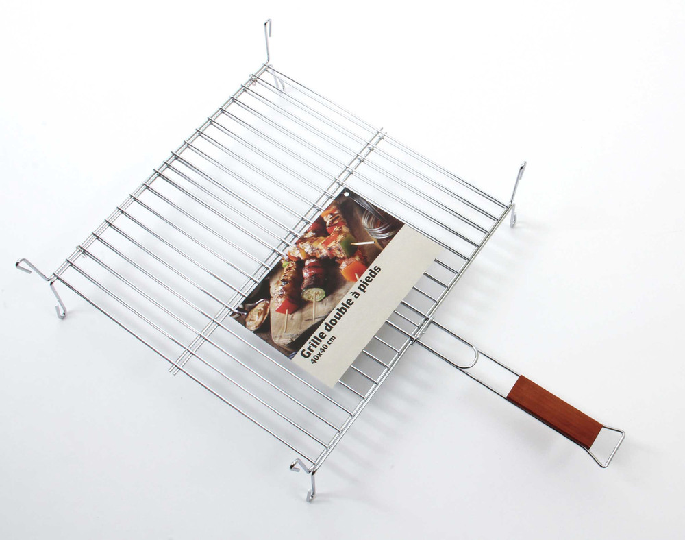 Grille Double à Pieds Barbecue 40x40 cm, en acier chromé, avec une hauteur de cuisson de 7 cm, idéale pour viandes et légumes.