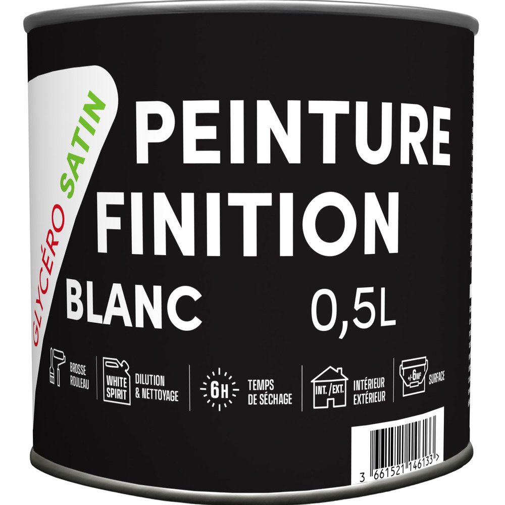 Pot de peinture Finition Glycero Satin Blanc 0.5L pour intérieur, haut pouvoir couvrant
