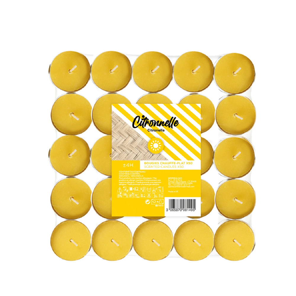 Lot de 50 bougies chauffe-plat anti-moustiques à la citronnelle, avec coupelles en aluminium, idéales pour l'extérieur.
