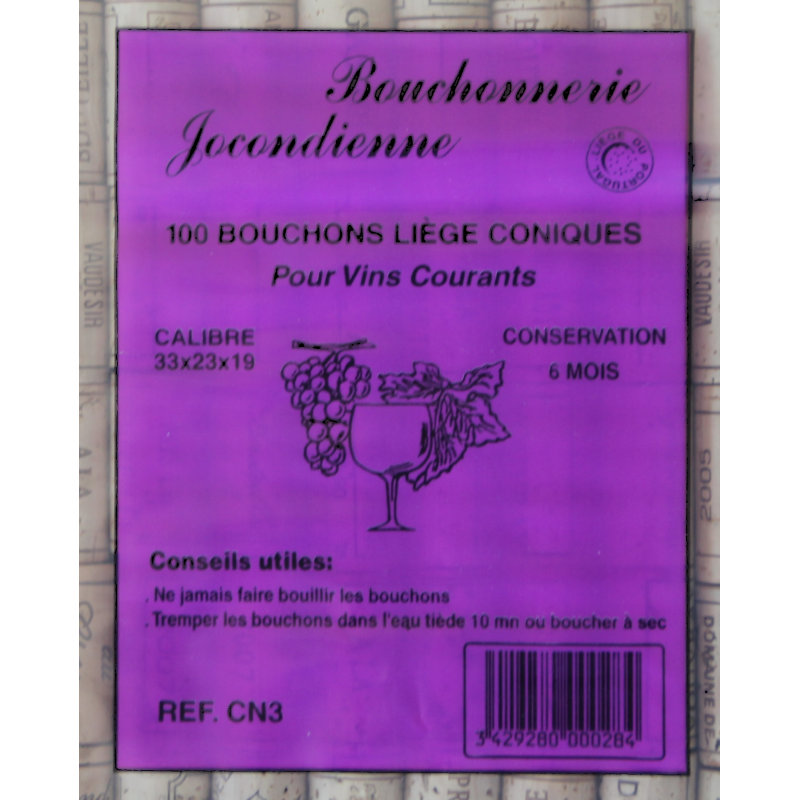 Lot de 100 bouchons coniques en liège colmatés 33x23x19 mm, idéaux pour la mise en bouteille et la conservation de vin.