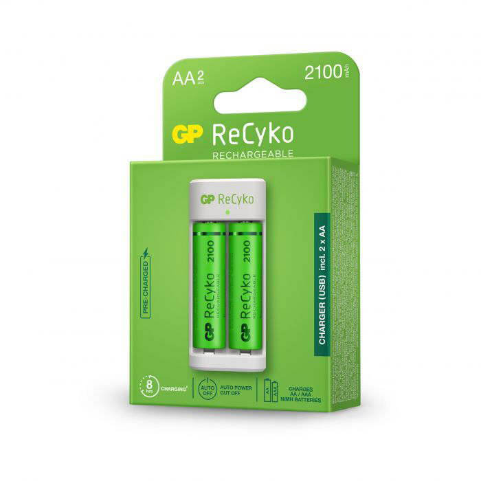 Chargeur de piles GP E211 avec 2 piles AA rechargeables 2100 mAh