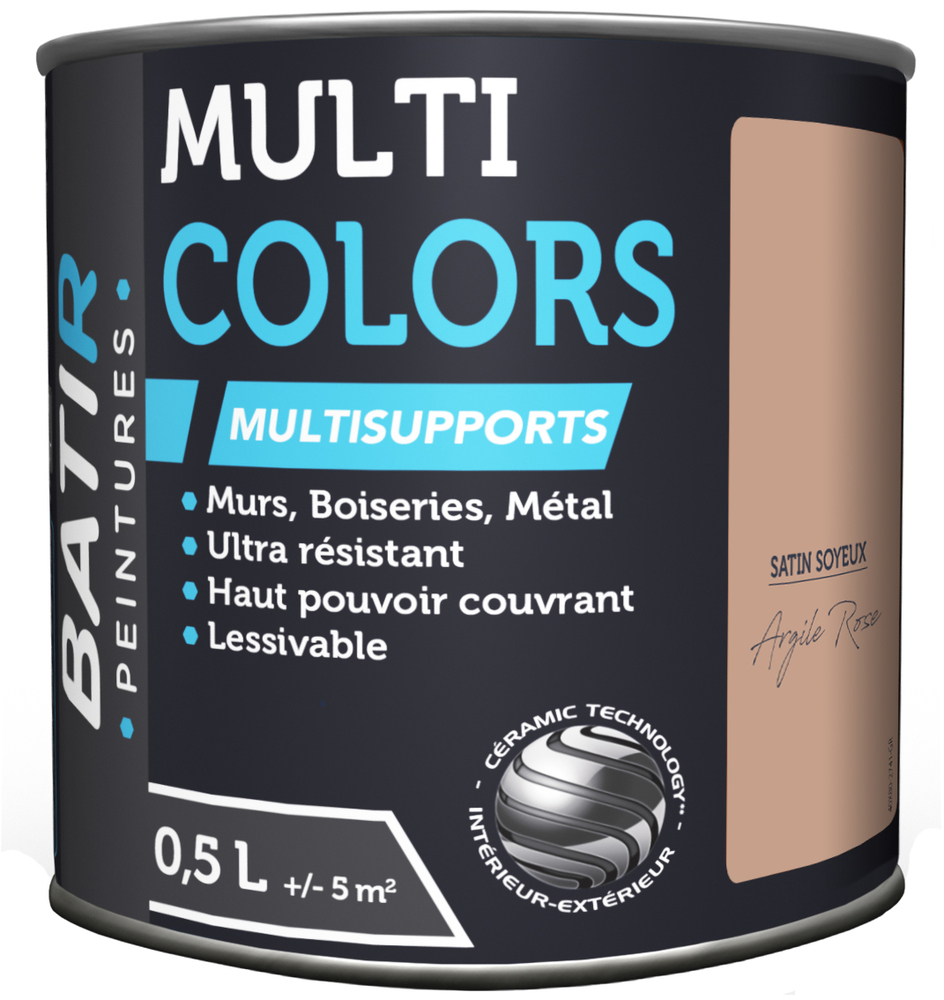 Pot de peinture acrylique BATIR Multicolors Multisupports finition satin soyeux 0.5L pour décoration intérieure