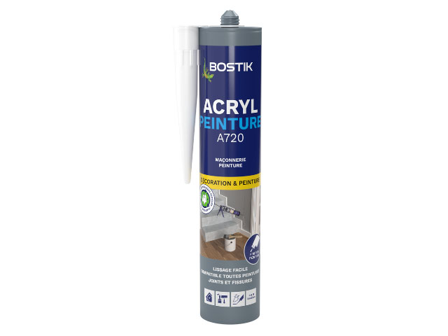 Mastic d'Étanchéité Acryl Peinture A720 blanc, en cartouche de 310 ml, pour calfeutrage et joints intérieurs.