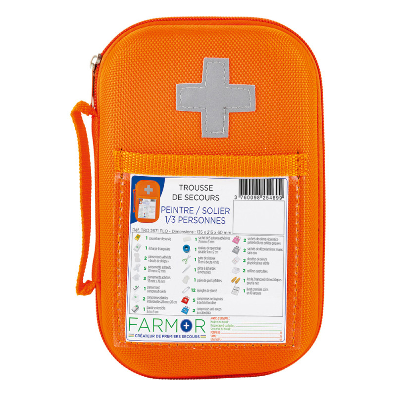 Trousse de secours Peintre orange fluo en EVA pour 1 à 3 personnes, avec croix médicale.