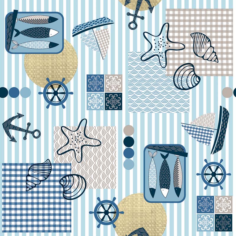 Toile cirée Déco Pêcheur, motif marin, largeur 140 cm, rouleau de 20 mètres, idéale pour nappe.