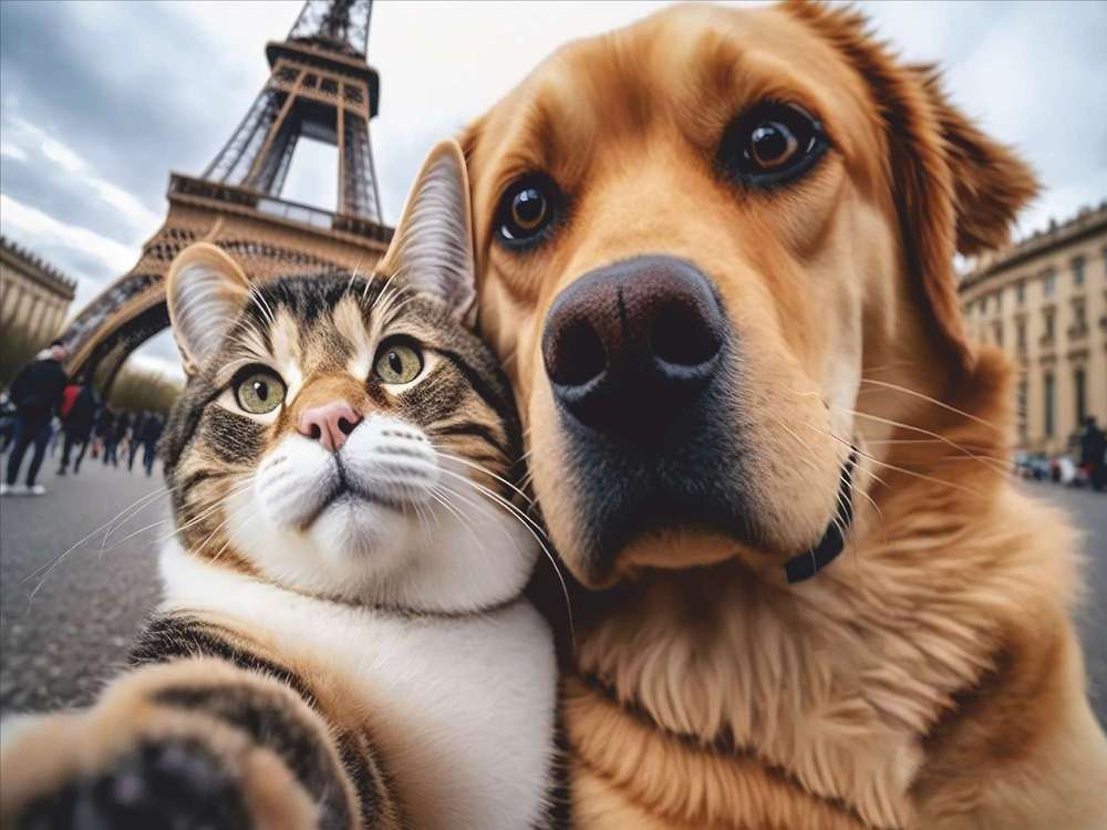 Tapis décoratif en velvet doux motif chat et chien selfie à Paris, 45x75 cm