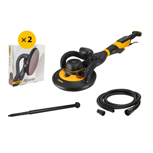 Pack ponceuse électroportative Leros-S Pro pour grandes surfaces, livrée en mallette de transport avec assortiment d'abrasifs.