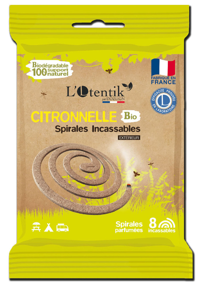 Spirales anti-moustique vertes à la citronnelle bio en sachet de 8, idéales pour terrasses et jardins.