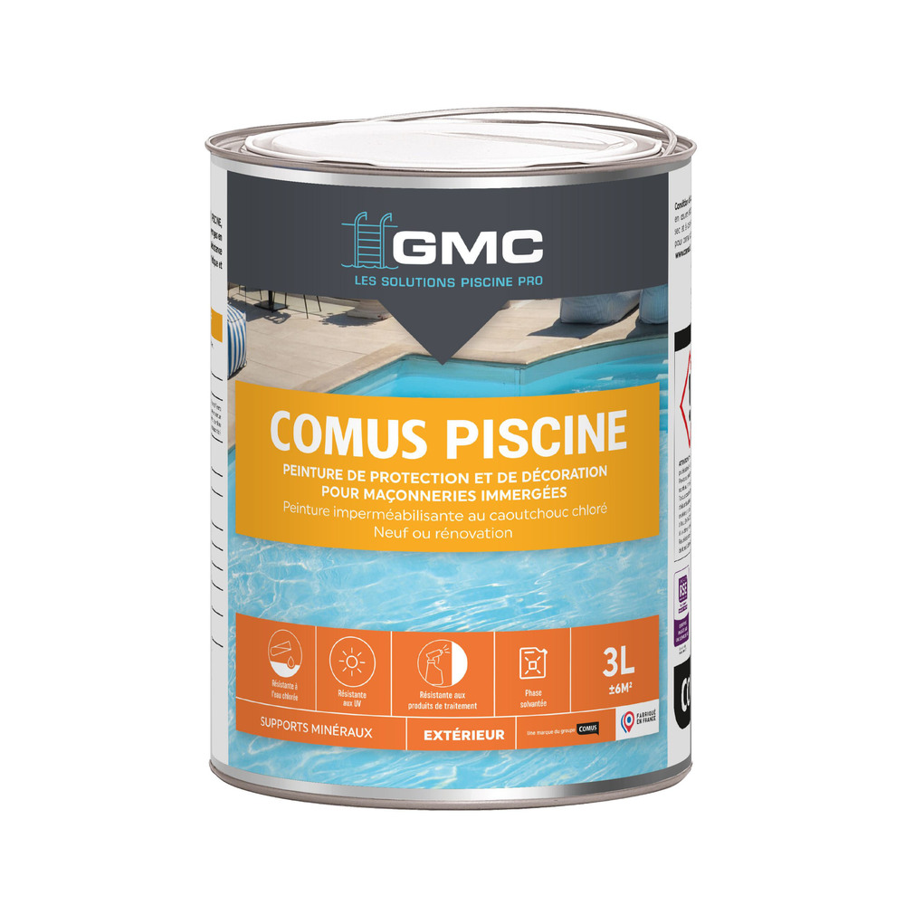 Pot de peinture Comus Piscine GMC 3 litres pour l'étanchéité des bassins des piscines.