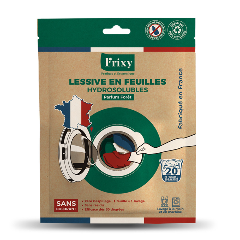 Lessive en feuilles hydrosolubles en étui de 20 feuilles, compacte et pratique