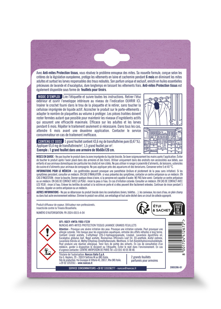 Anti-Mites Armoires Protection Tissus 2 Grands Feuillets