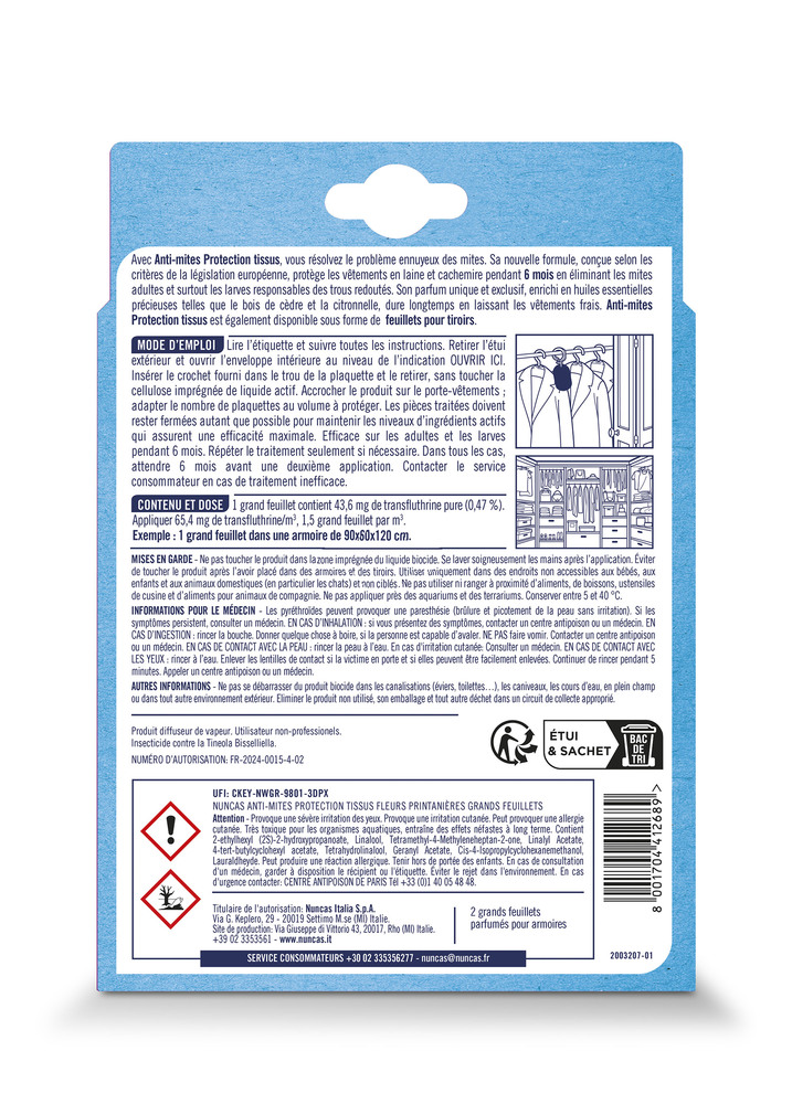 Anti-Mites Armoires Protection Tissus 2 Grands Feuillets