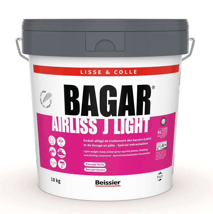 Seau de 18 kg d'enduit à projeter Bagar Airliss J Light prêt à l'emploi pour le lissage des murs intérieurs