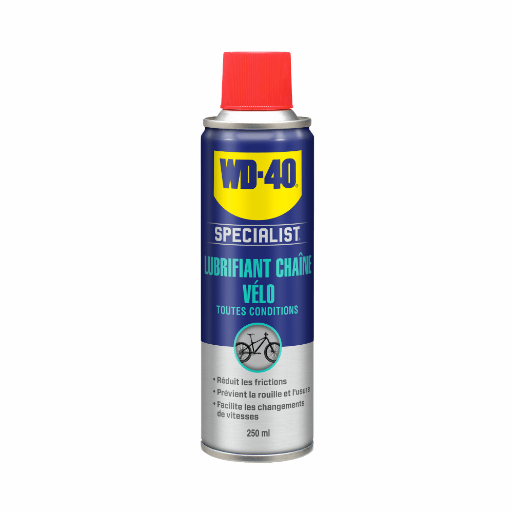 Lubrifiant chaîne de vélo toutes conditions en aérosol 250 ml, pour une protection durable contre l'usure.