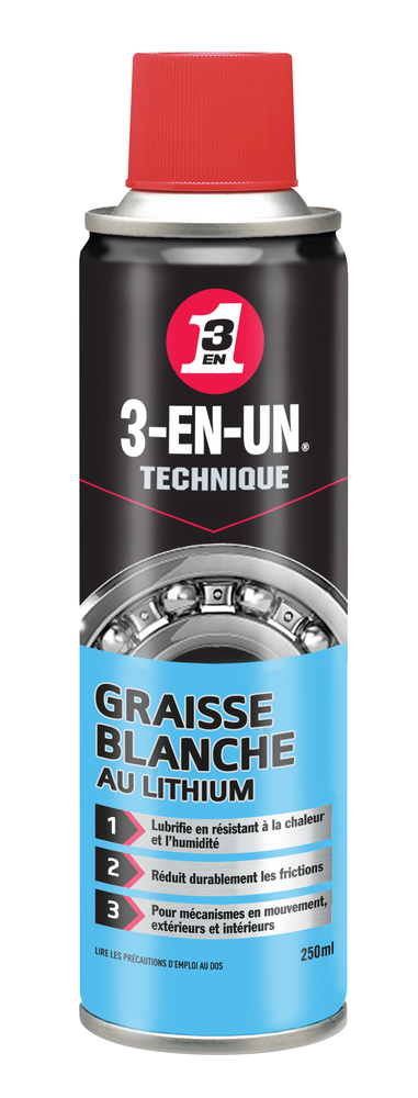 Graisse Blanche au Lithium 3-EN-UN Technique 250 ml en aérosol pour lubrifier et protéger les mécanismes.