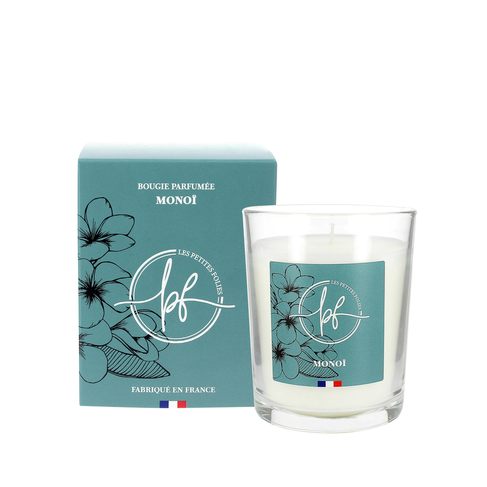 Bougie parfumée Monoï 180g en pot de verre, présentée avec son étui élégant