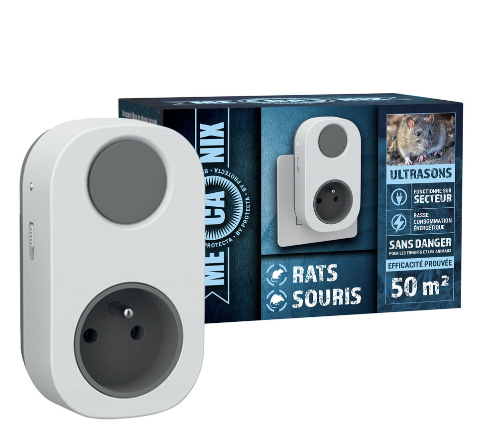 Prise Répulsive Ultrasons Rats et Souris 50m², modèle compact et discret