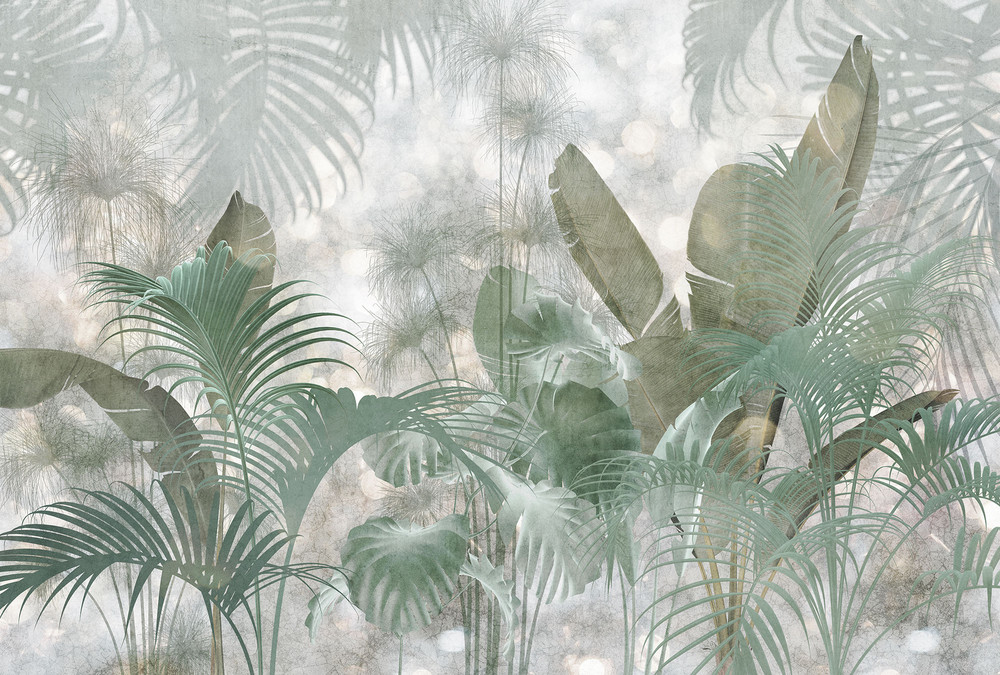 Papier peint panoramique Paillettes Tropicales 368 x 248 cm avec motif jungle scintillant pour décoration murale