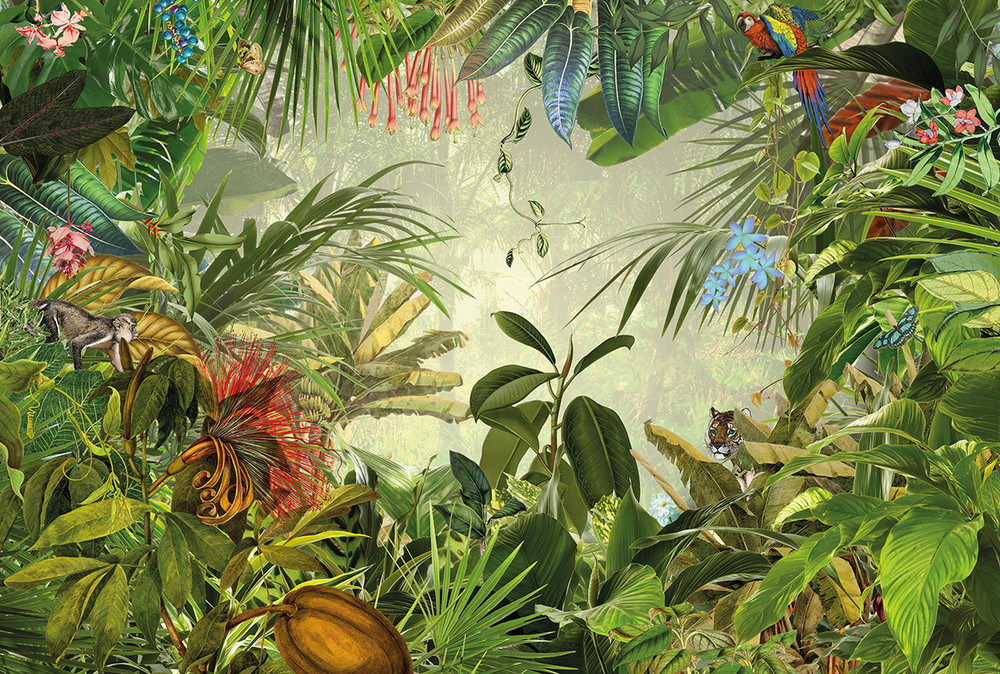 Papier Peint Panoramique Into the Wild 368 x 248 cm, décor forêt tropicale luxuriante et faune sauvage.