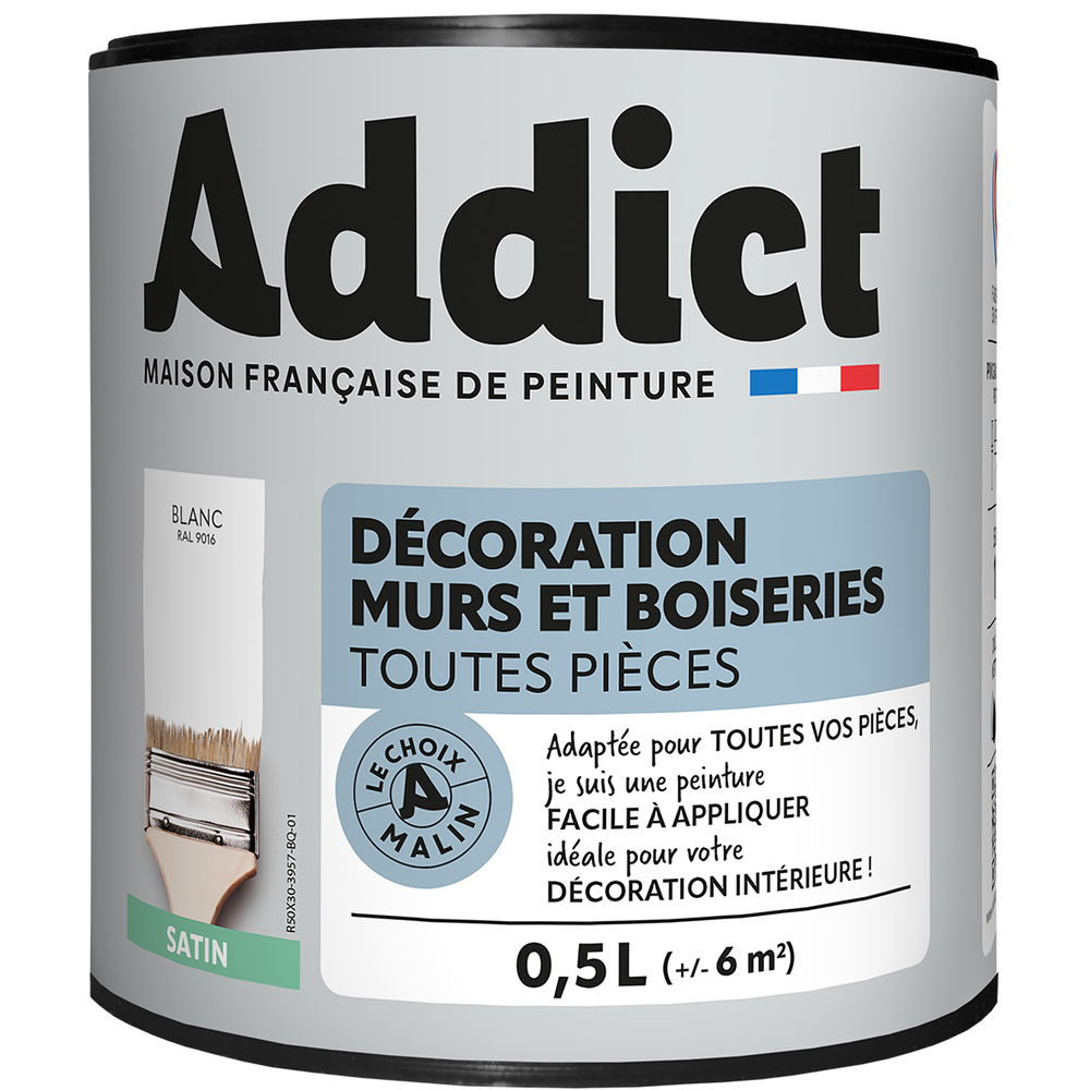 Peinture acrylique satin 0.5L pour la décoration des murs et boiseries intérieures.