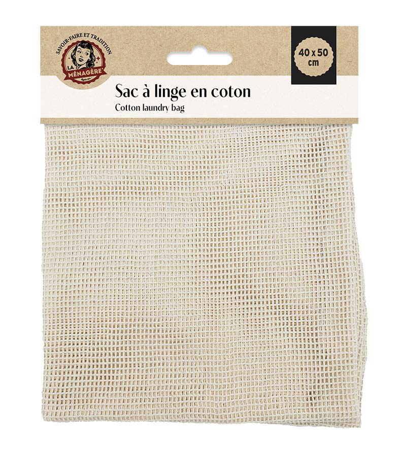 Filet à linge en coton blanc 40x50 cm avec cordon de serrage pour protéger les vêtements délicats en machine.