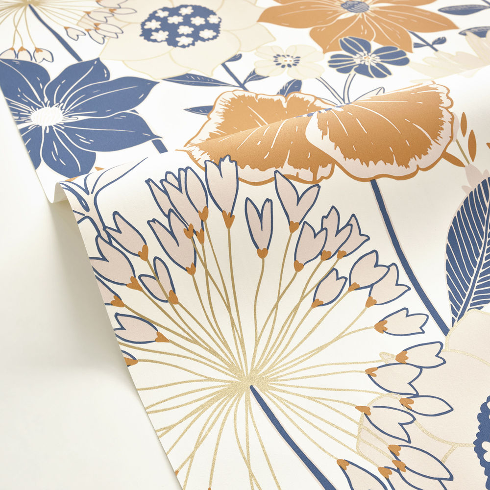 104556026 - Papier Peint Vinyle sur Intissé Petites Fleurs Bleu et Orange