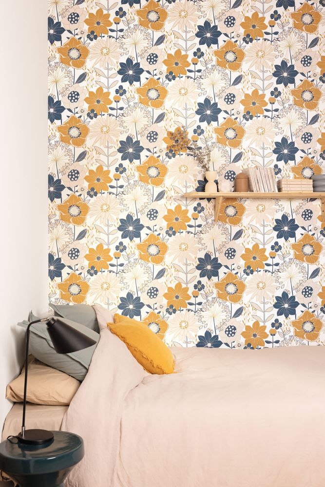 104556026 - Papier Peint Vinyle sur Intissé Petites Fleurs Bleu et Orange