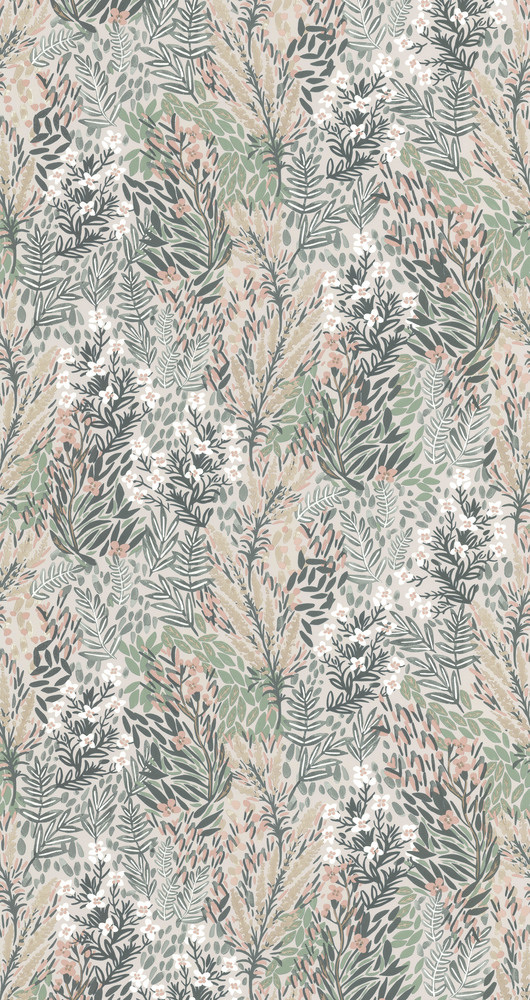Papier peint vinyle sur intissé motif Jardin Fleuri vert et rose, idéal pour une ambiance naturelle et douce