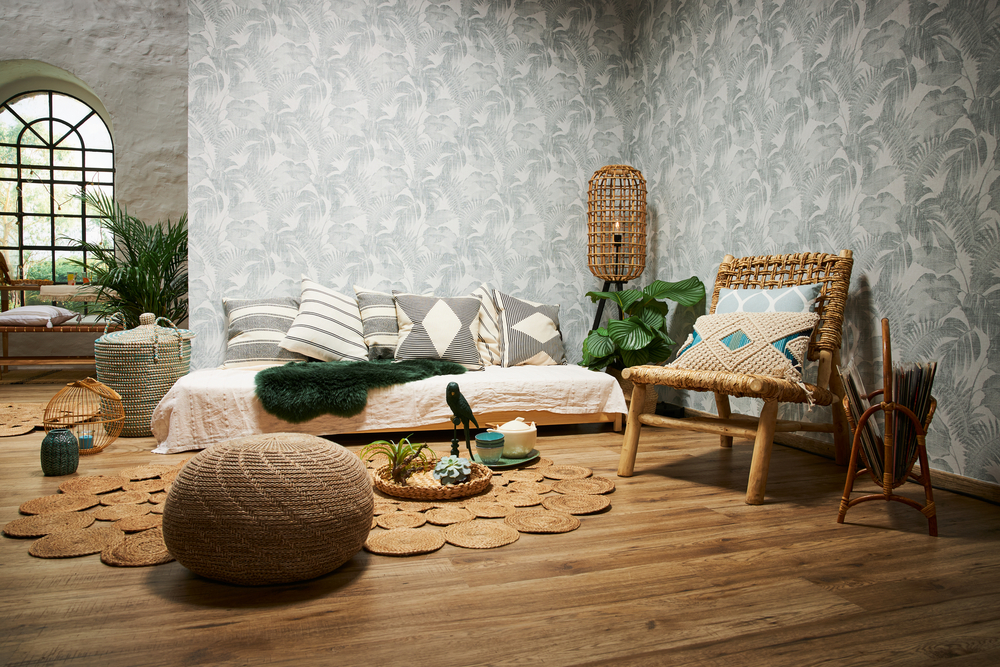 373964 - Papier Peint Expansé sur Intissé Palmes Cosy Vert Fond Blanc