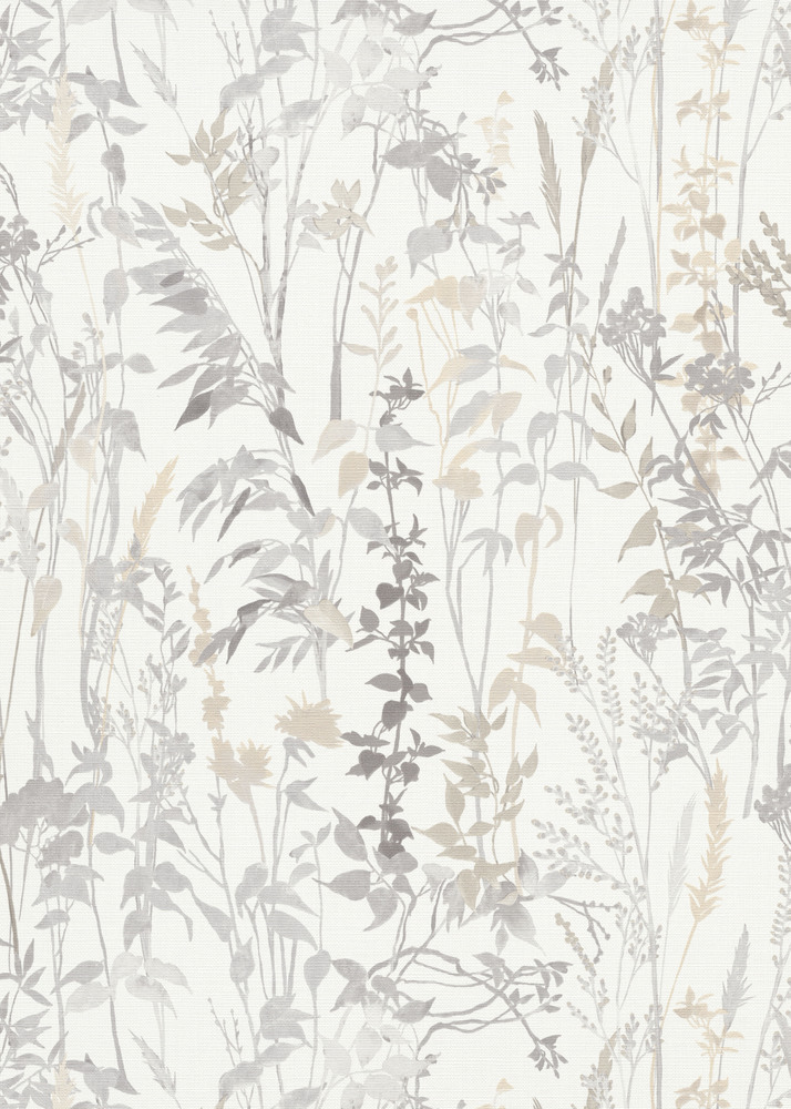 Papier Peint Vinyle Grainé sur Intissé Cottage Végétal Gris avec motifs de feuilles et texture subtile