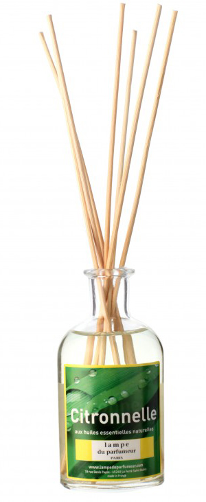 Diffuseur de parfum à bâtonnets Bambous Parfumés Citronnelle 100 ml, flacon en verre avec bâtonnets en rotin naturel