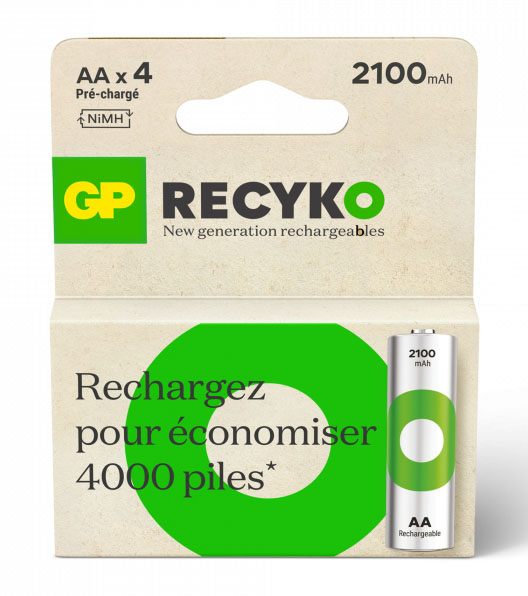 Piles rechargeables GP Recyko AA/LR06 2100 mAh pack de 4 pour appareils électroniques
