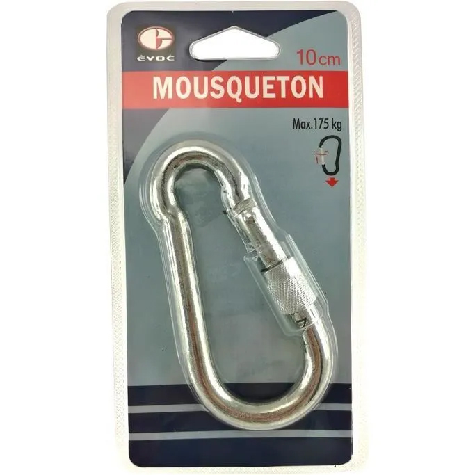 Mousqueton de sécurité en métal argenté de 10 cm avec système de verrouillage