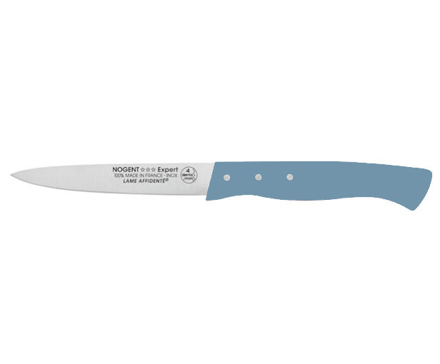 Couteau d'office à lame affidentée de 9 cm, manche bleu céleste, idéal pour éplucher fruits et légumes avec précision.