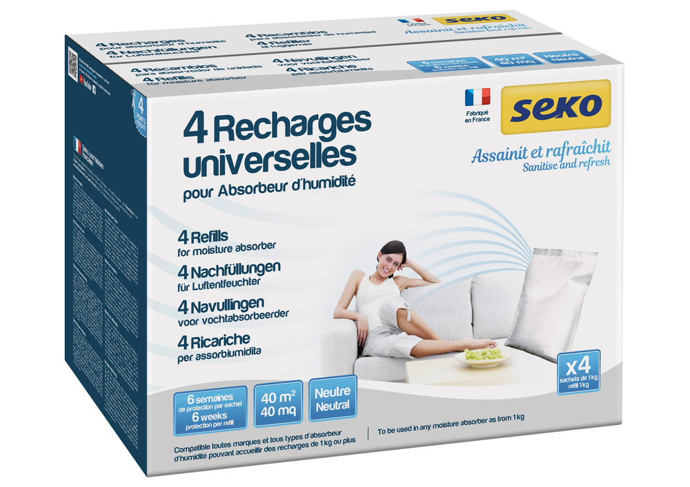 Recharges universelles neutres en cristaux de 1 kg sous gaine pour absorbeur d'humidité, lot de 4.