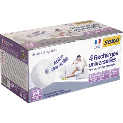 Recharge Absorbeur d'Humidité, 4 galets percés de 500 g chacun, parfum lavande, efficaces pour assainir l'air des pièces humides