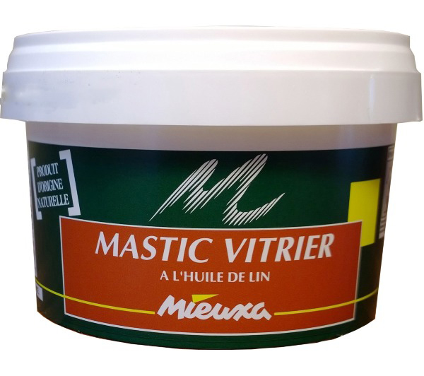 Mastic vitrier à l'huile de lin en pot pour l'étanchéité et le calfeutrage des vitres, application facile.