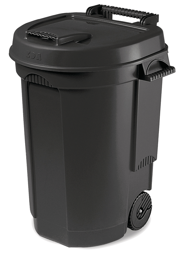 Poubelle de jardin noire 110L à roulettes en plastique avec couvercle intégré